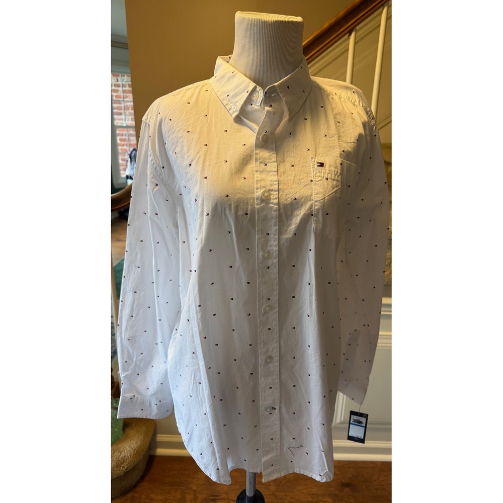 Tommy Hilfiger Boys White Micro Flag Print Button Down Shirt Size XL 20